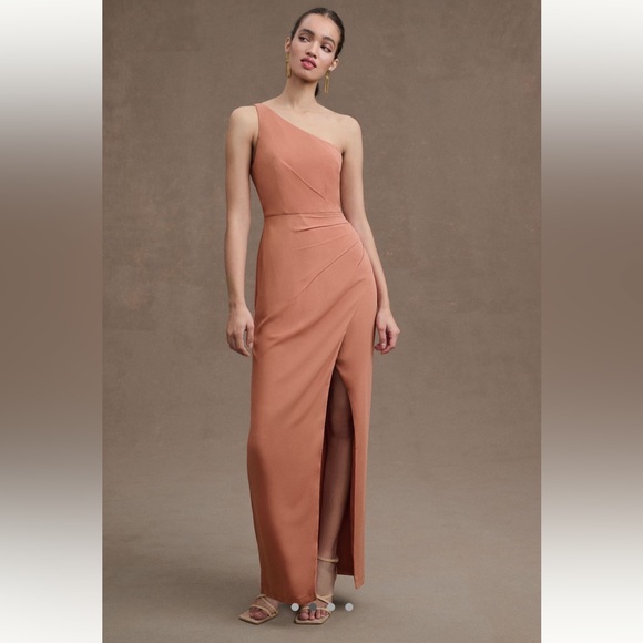 BHLDN Chloe One-Shoulder Side-Slit Georgette Bridesmaid Gown in Pink Combo - Picture 1 of 4